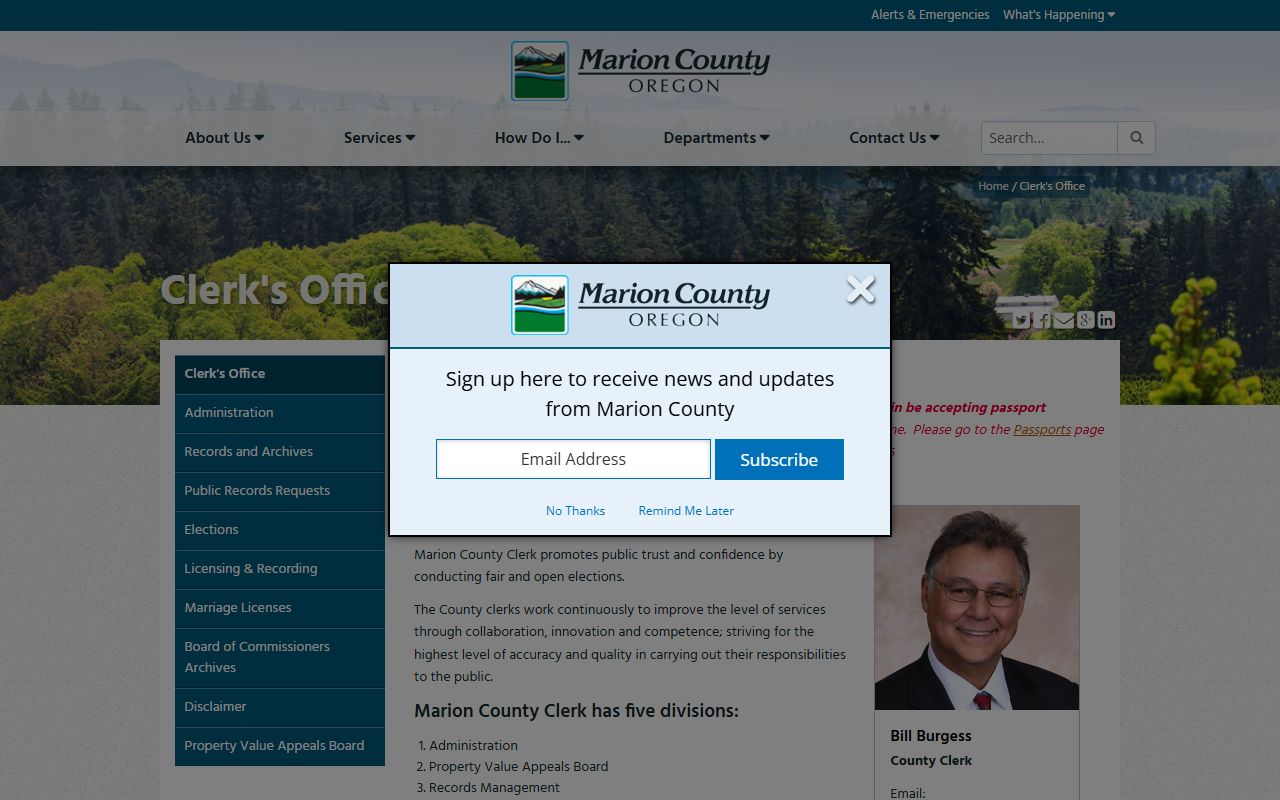 Marion County Clerk page naming the clerk and office divisions