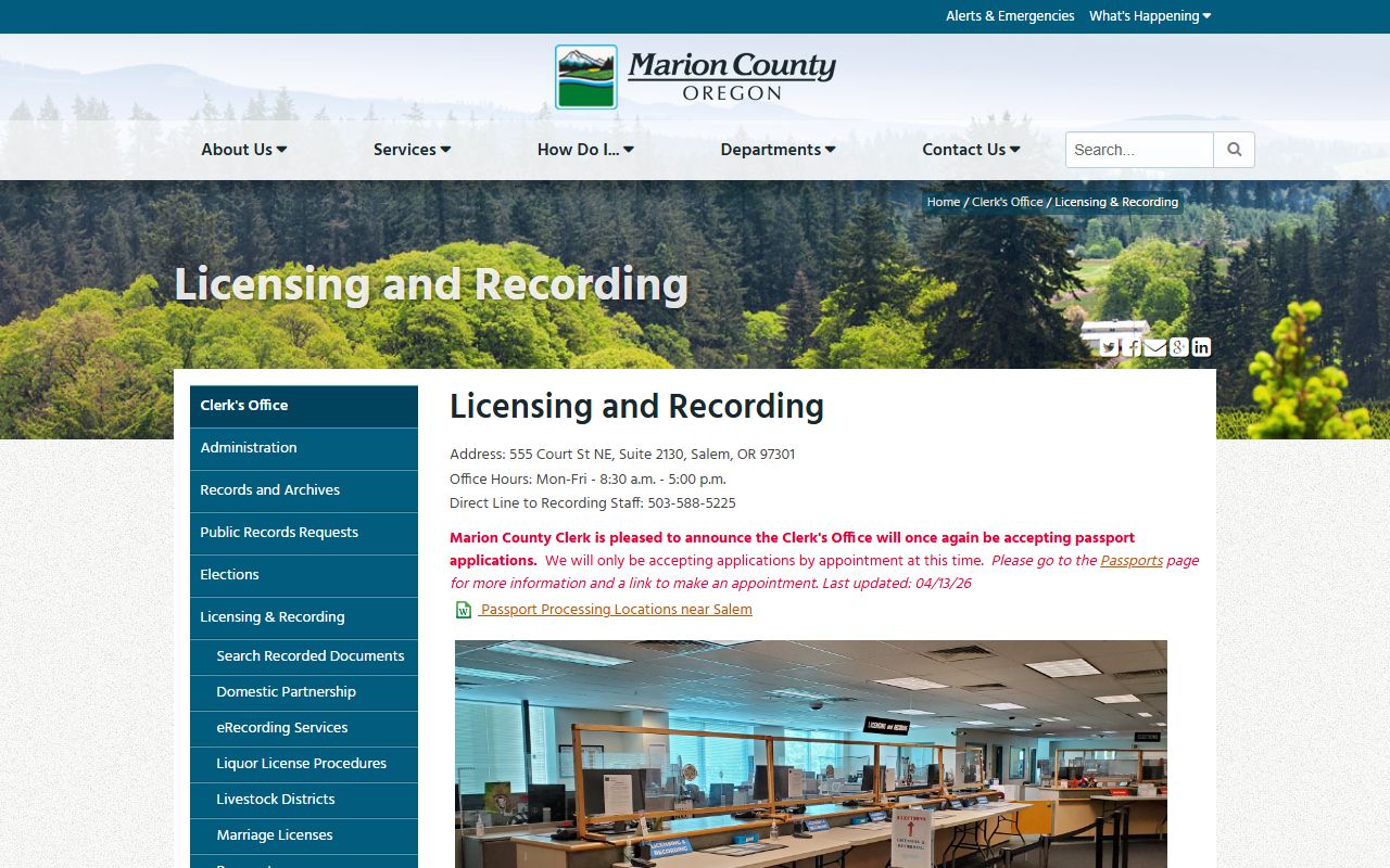 Marion County Clerk licensing and recording page for recorded documents