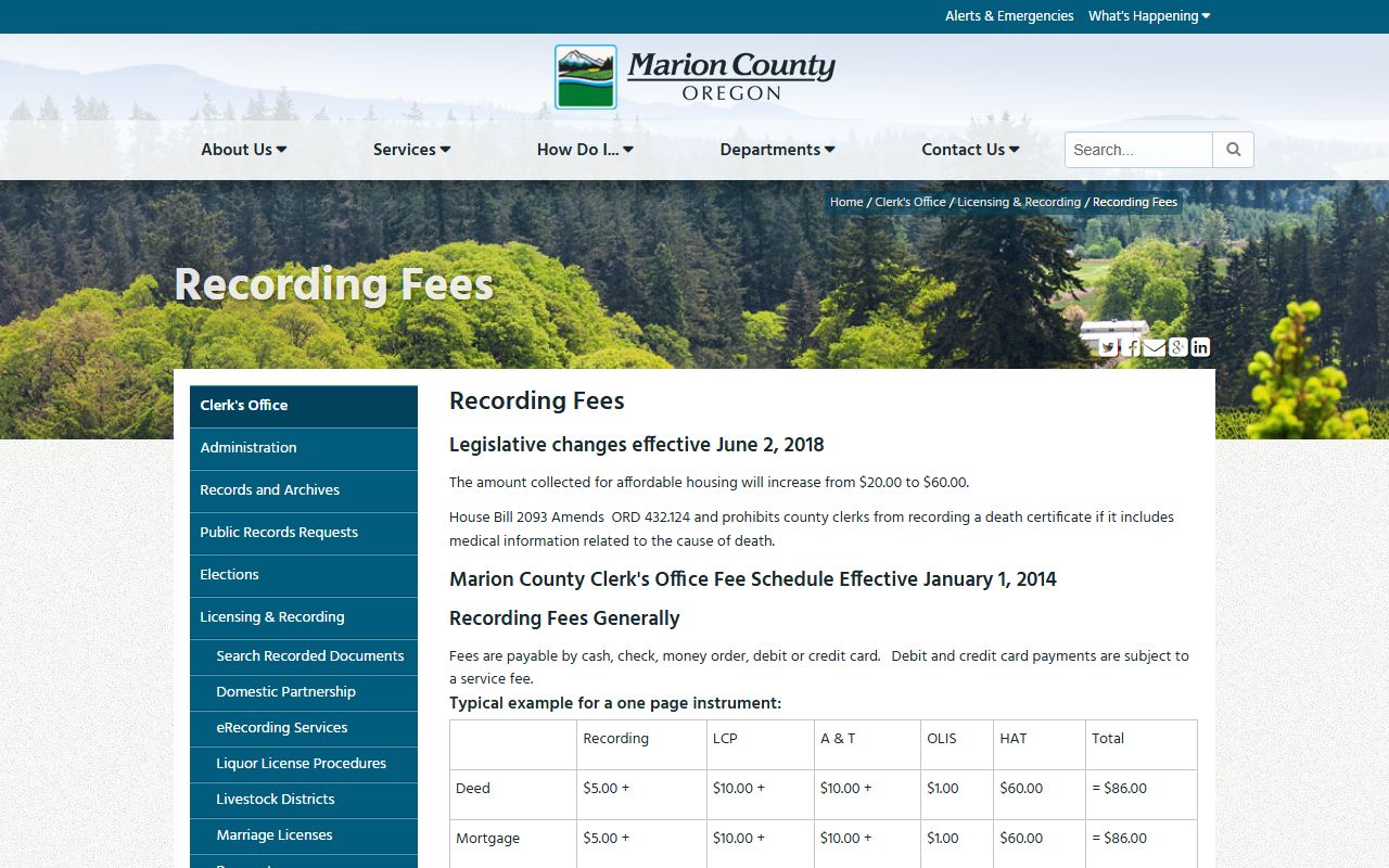 Marion County Clerk recording and copy fee schedule page
