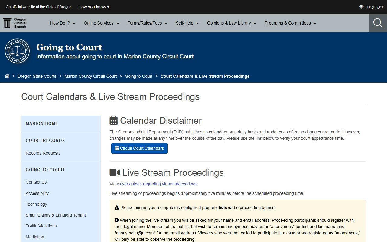 Marion County court calendars page for court dockets and hearing schedules