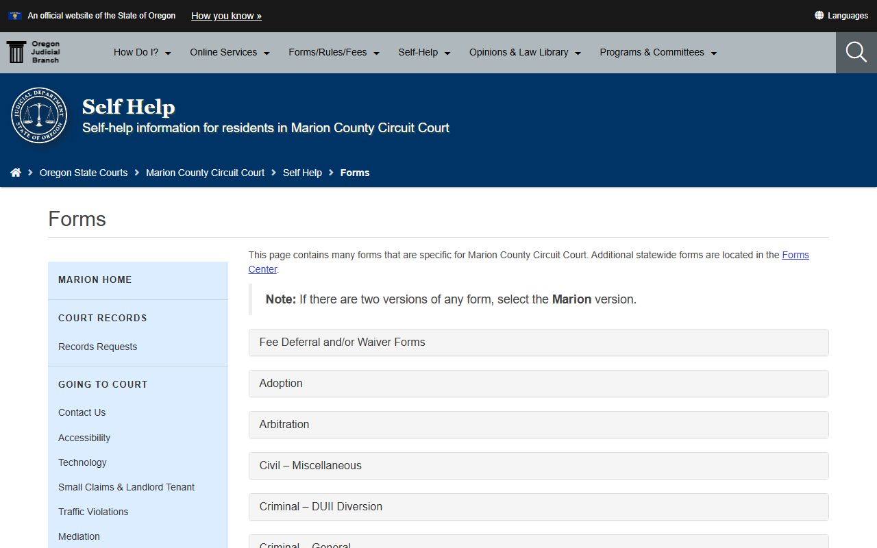 Marion County court forms page for court records requests and filings