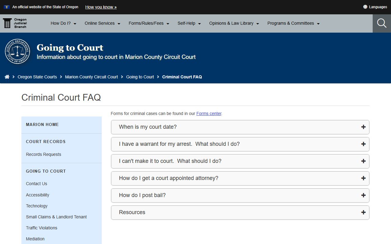 Marion County criminal FAQ page tied to arrest records and court dates