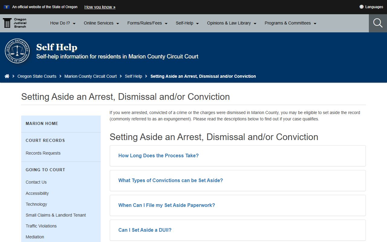 Marion County set-aside page for sealing arrest and conviction records