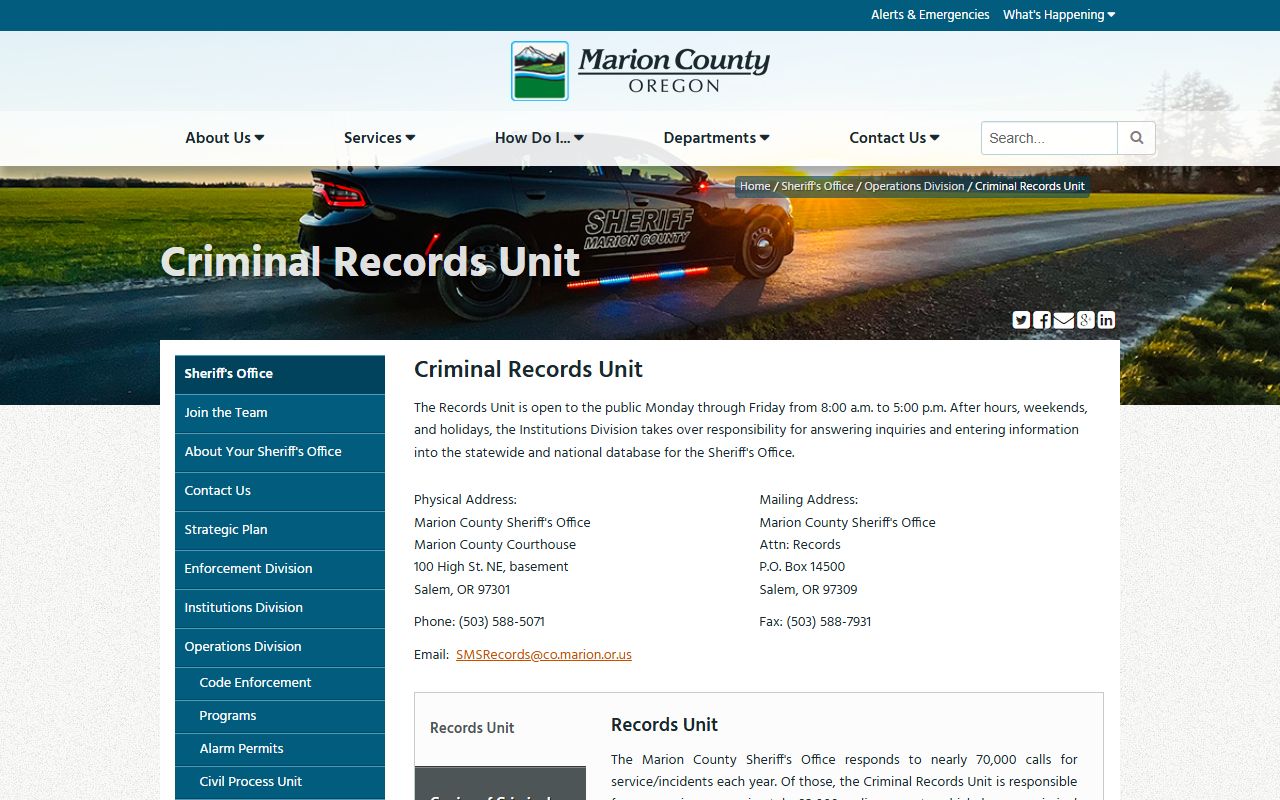 Marion County Sheriff Criminal Records Unit page for arrest records requests