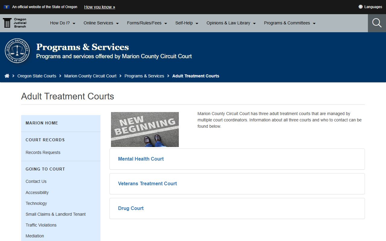 Marion County adult treatment courts page within the Circuit Court