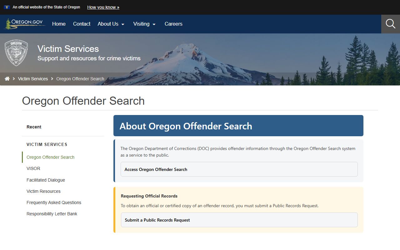 Oregon DOC offender search page for state custody beyond the Marion County jail population