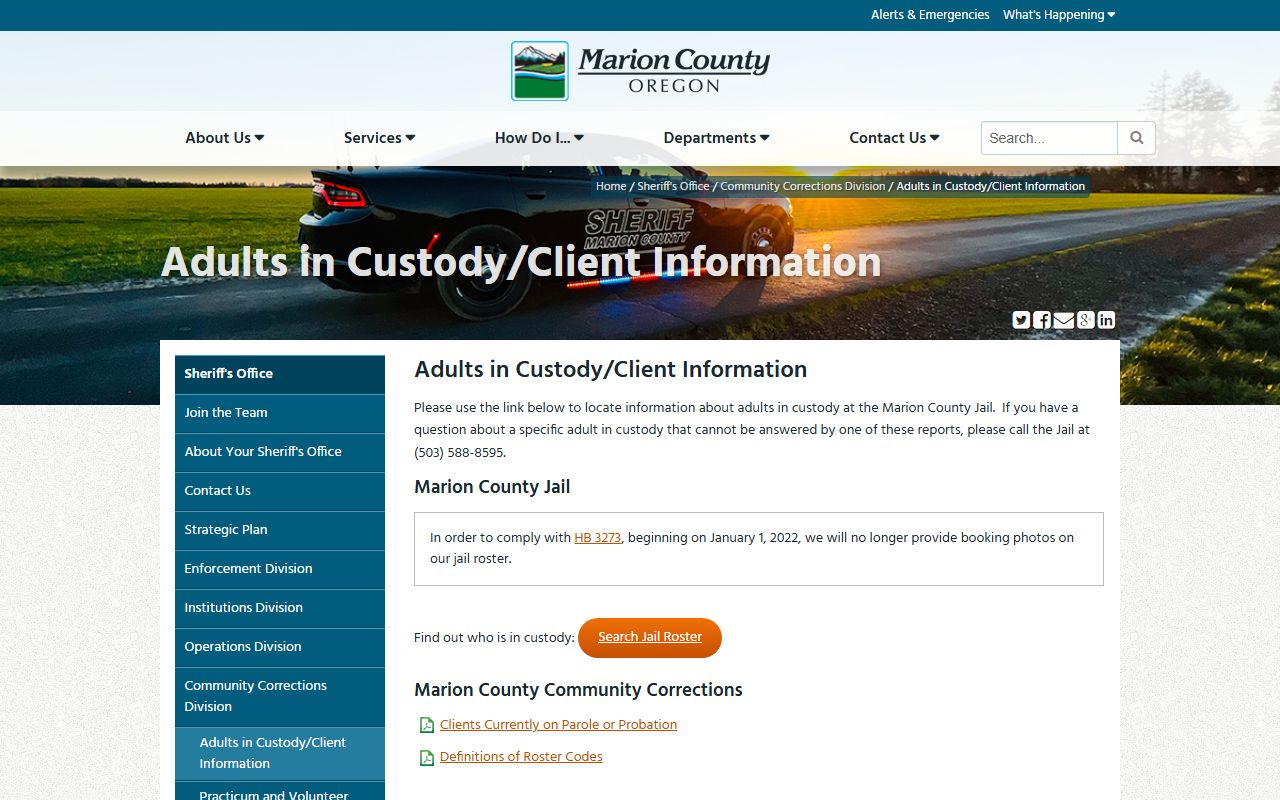 Marion County Adults in Custody information page for the inmate roster