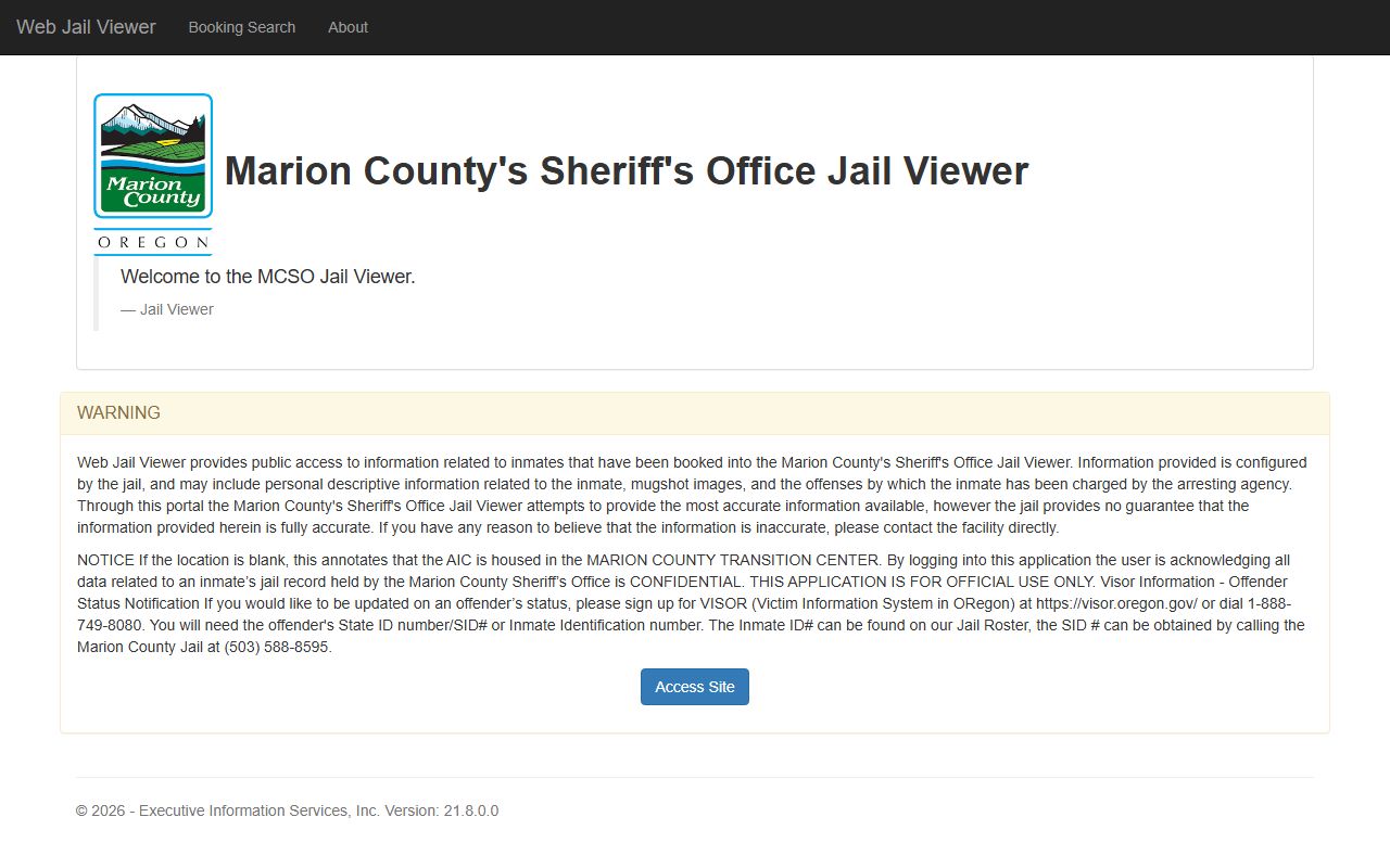 Marion County Web Jail Viewer warning page before the inmate roster search