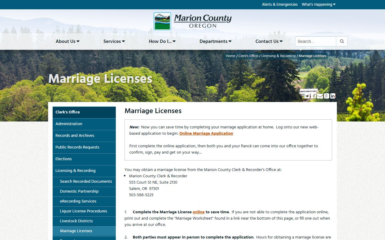 Marion County marriage license page for marriage and divorce records