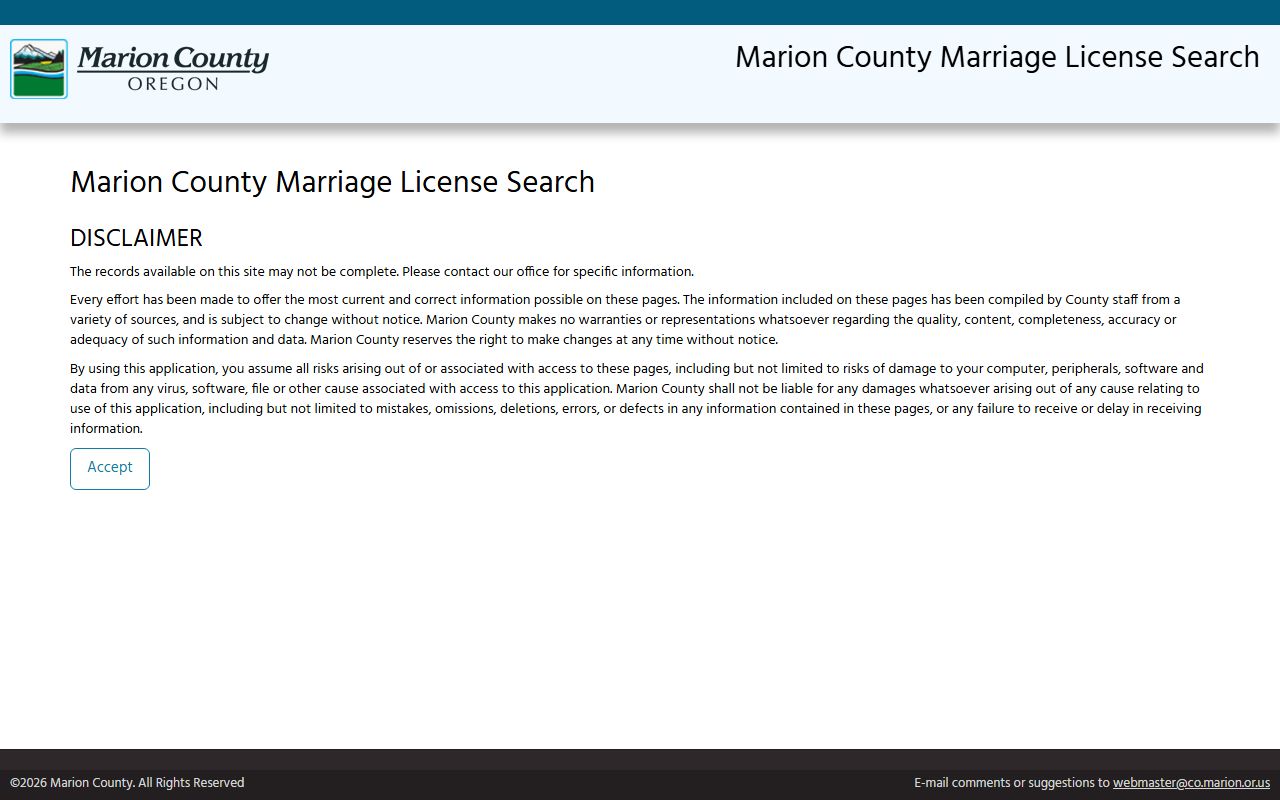 Marion County marriage license search disclaimer for marriage records