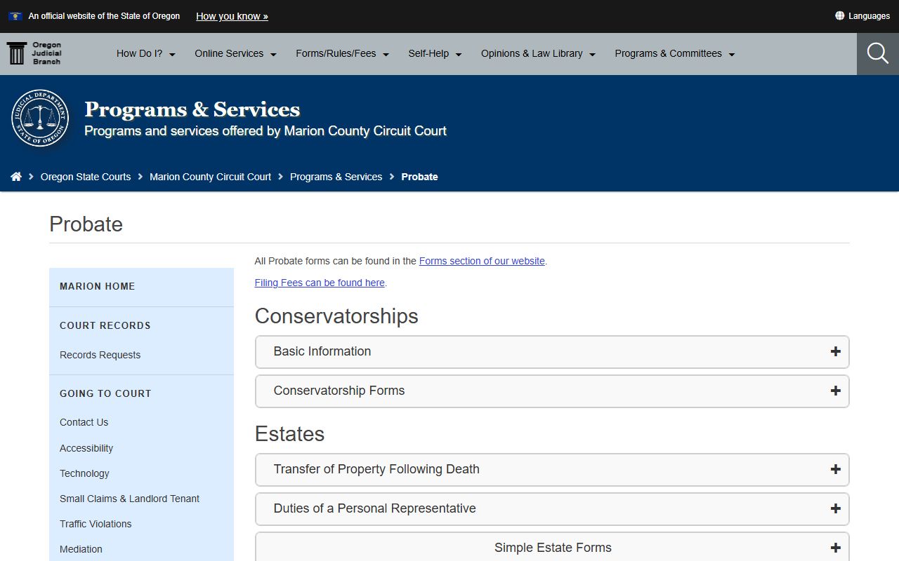 Marion County probate department page for probate records and estates