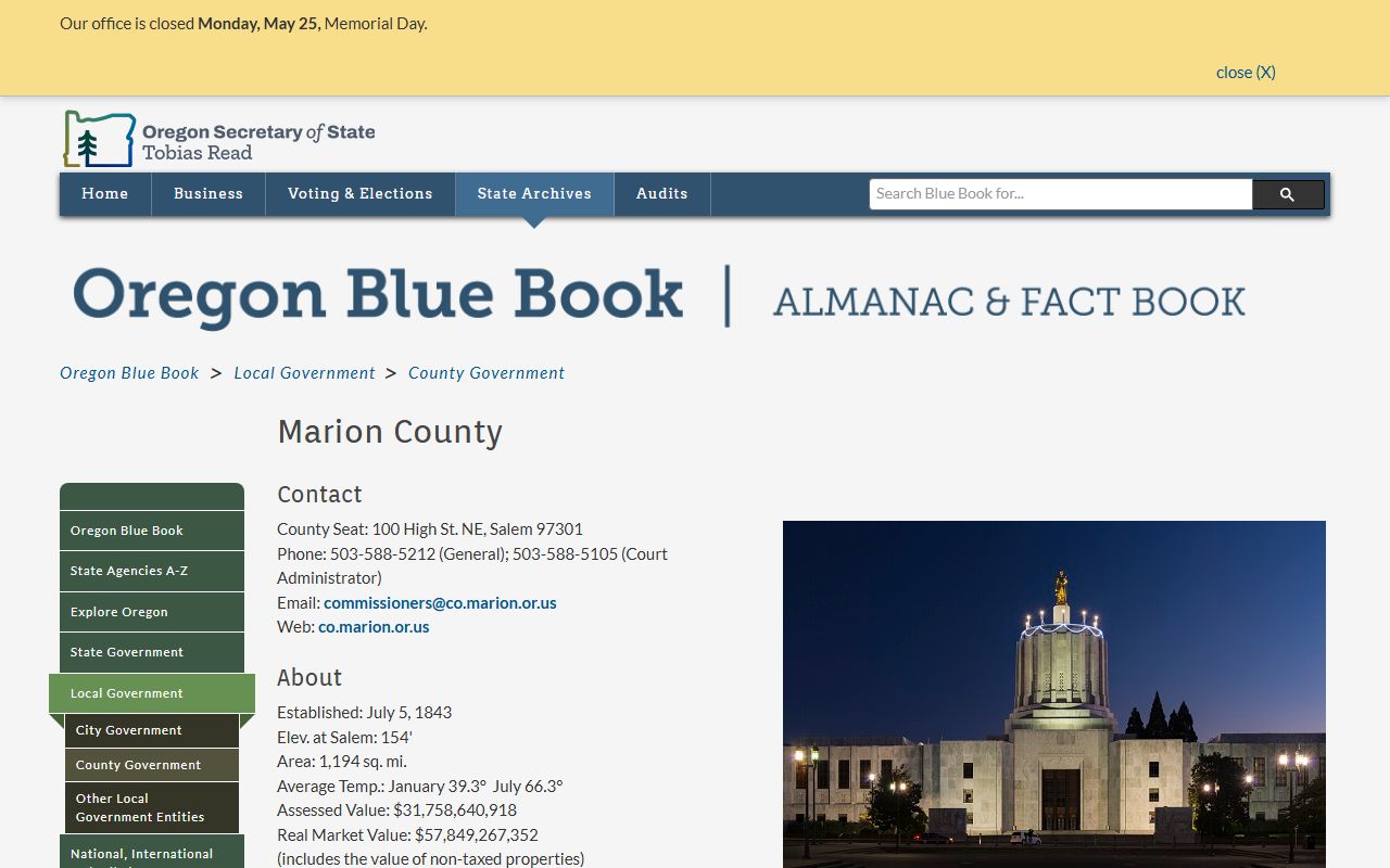 Oregon Blue Book Marion County page for public records and county officials