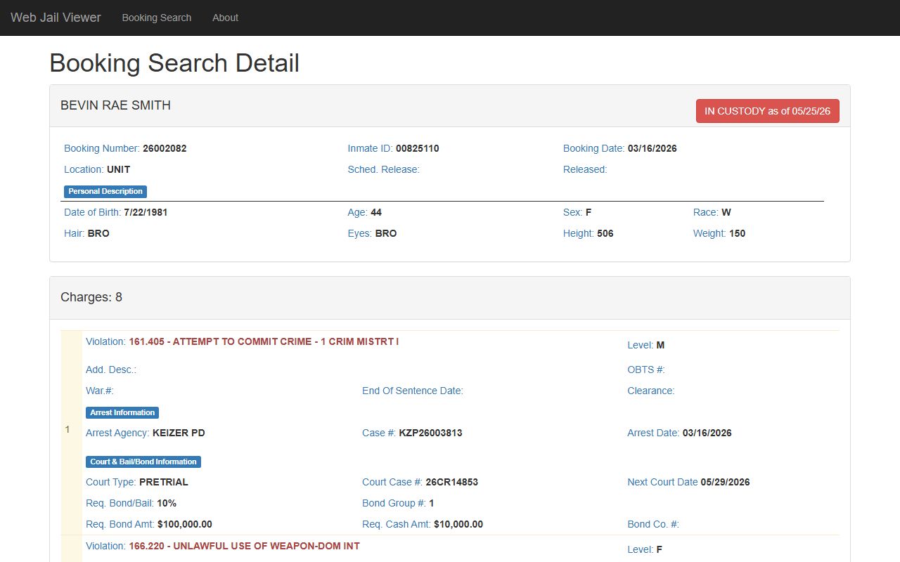 Marion County jail booking detail showing released inmate release date fields