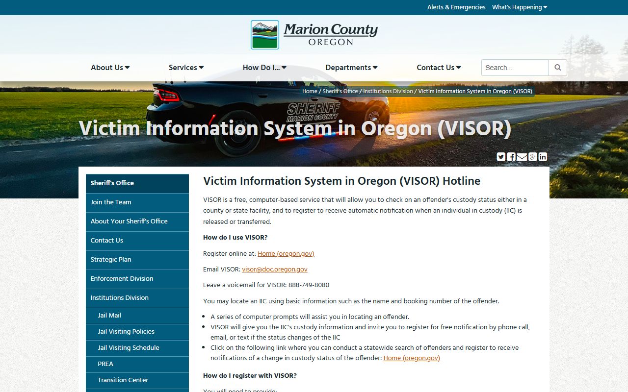 Marion County VISOR page for released inmate custody notifications