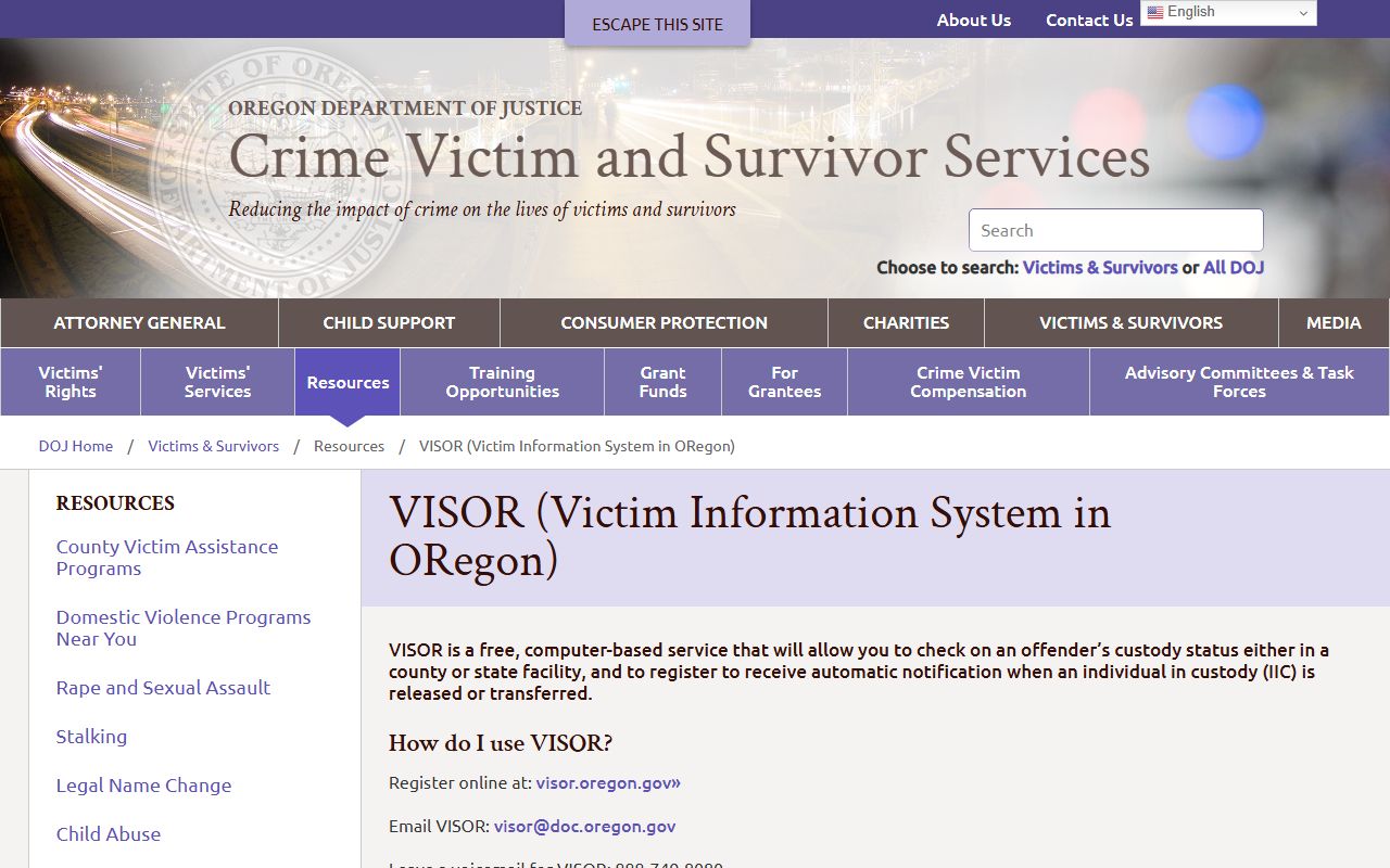 Oregon DOJ VISOR victim notification page for Marion County released inmates