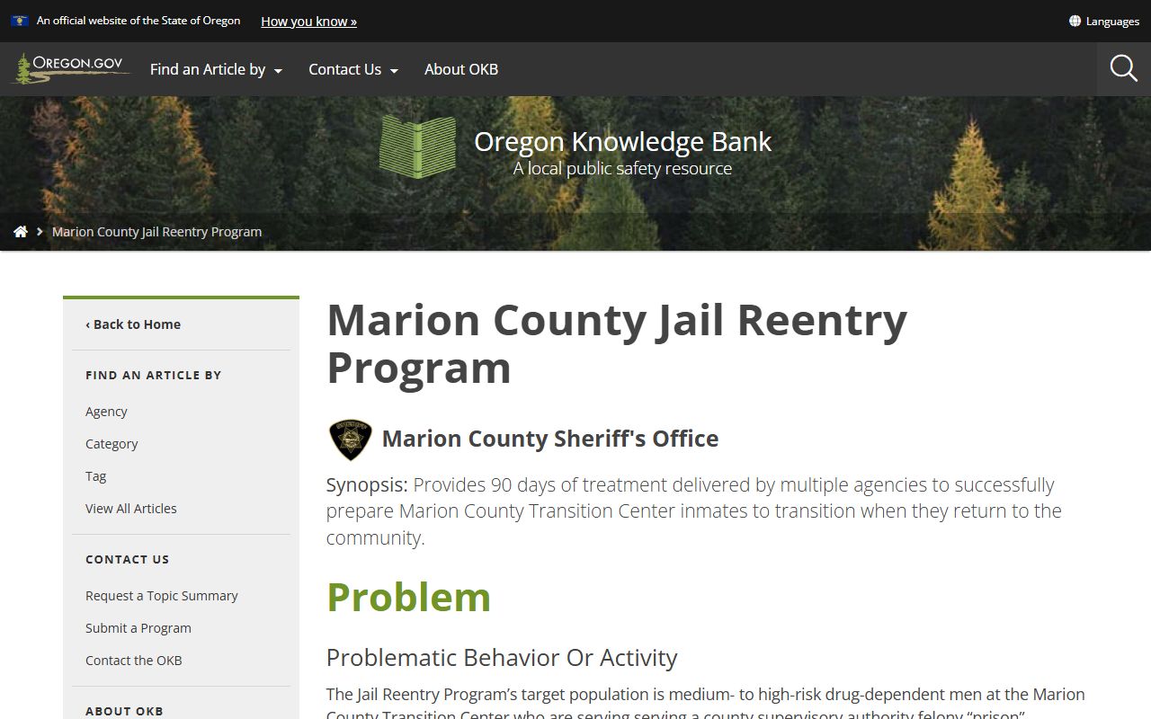 Marion County Jail Reentry Program page for released inmates