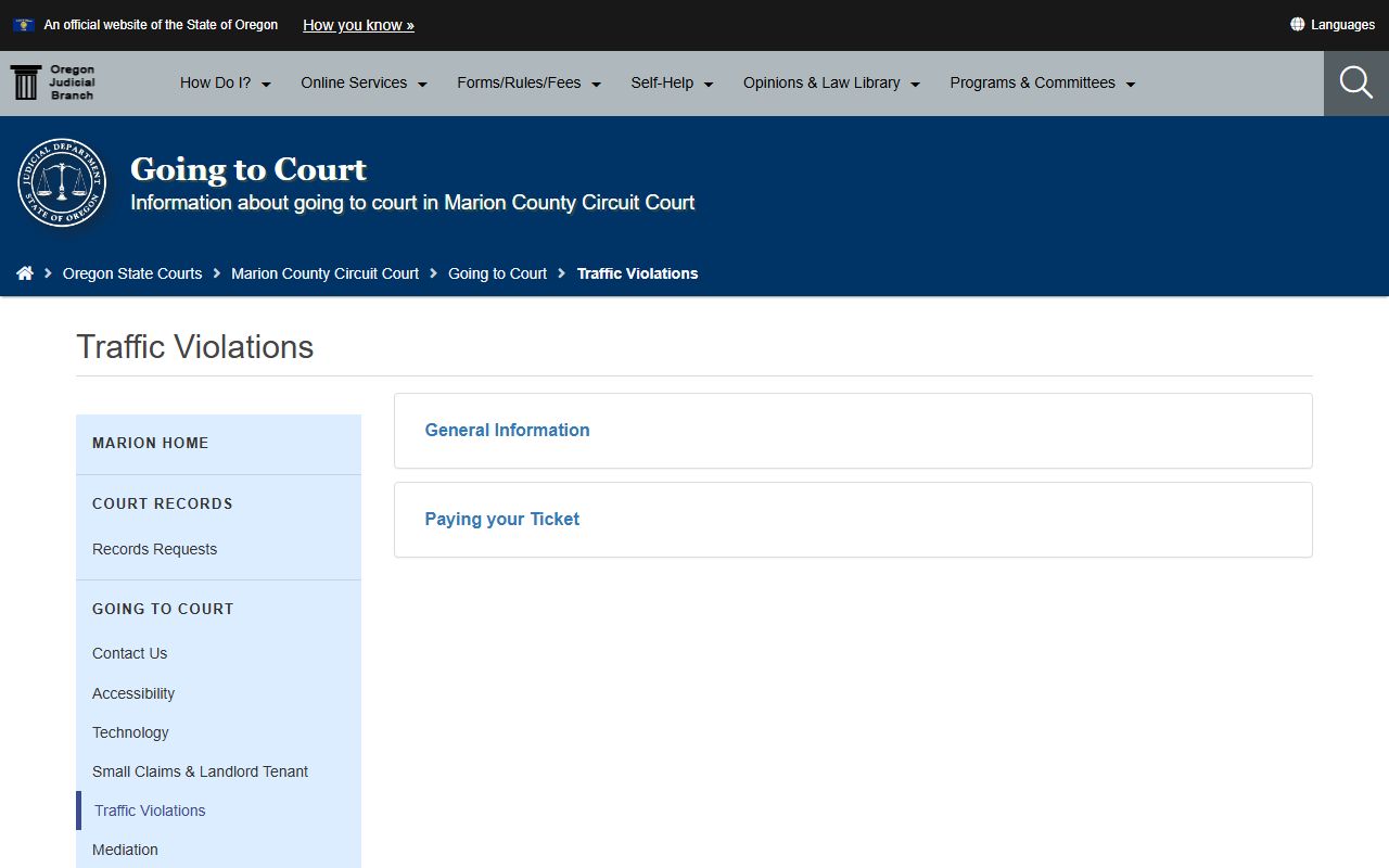 Marion County traffic violations page for traffic court records