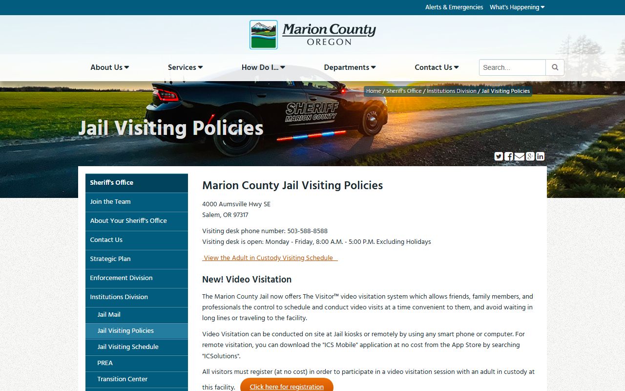 Marion County Jail visiting policy page for inmate video visitation