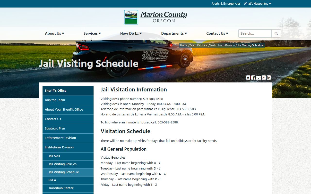 Marion County Jail visiting schedule by last name for inmate visits