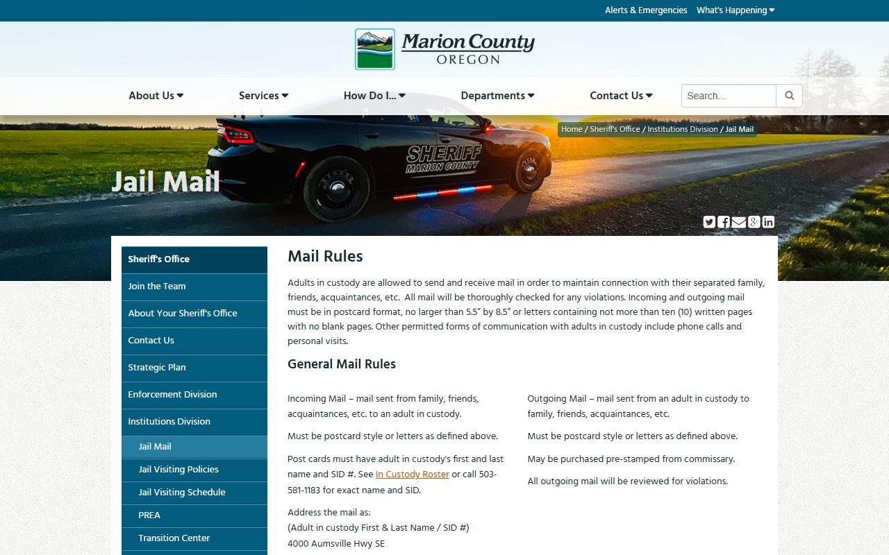 Marion County Jail mail rules page for writing to an inmate