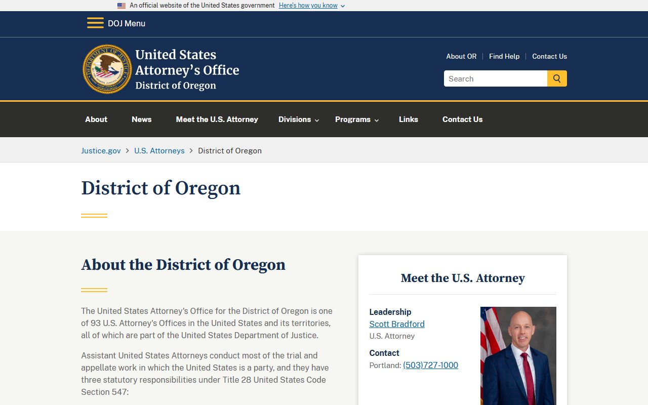 U.S. Attorney District of Oregon page related to federal warrants near Marion County