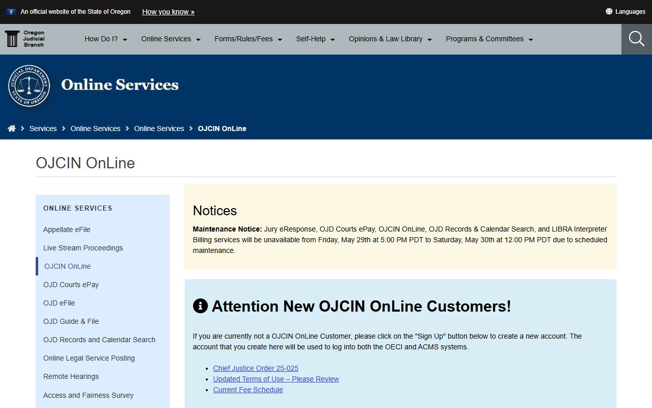 OJCIN Online subscription page for Marion County court records and Oregon case information