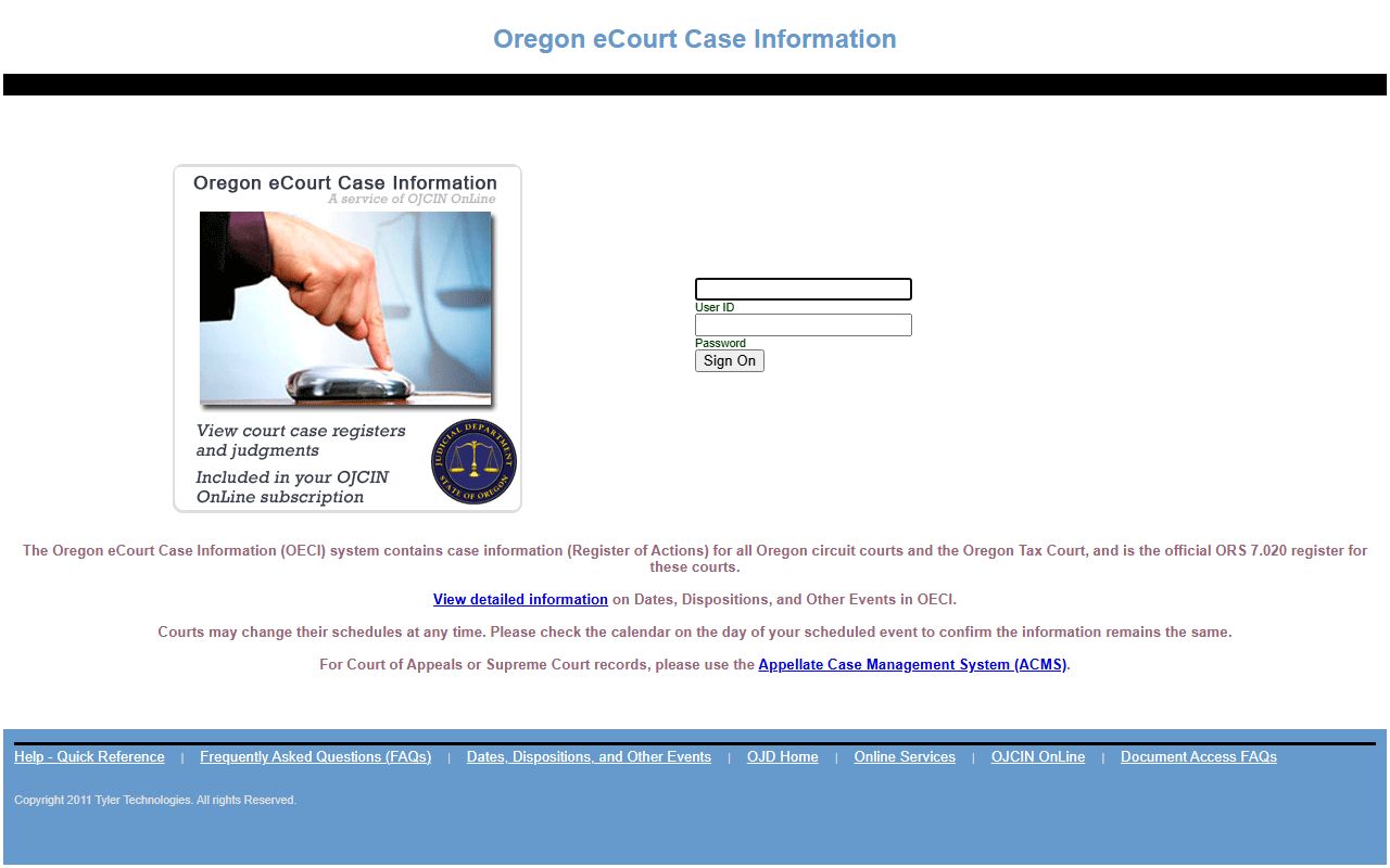OECI login page for Marion County court records and the Oregon eCourt case register