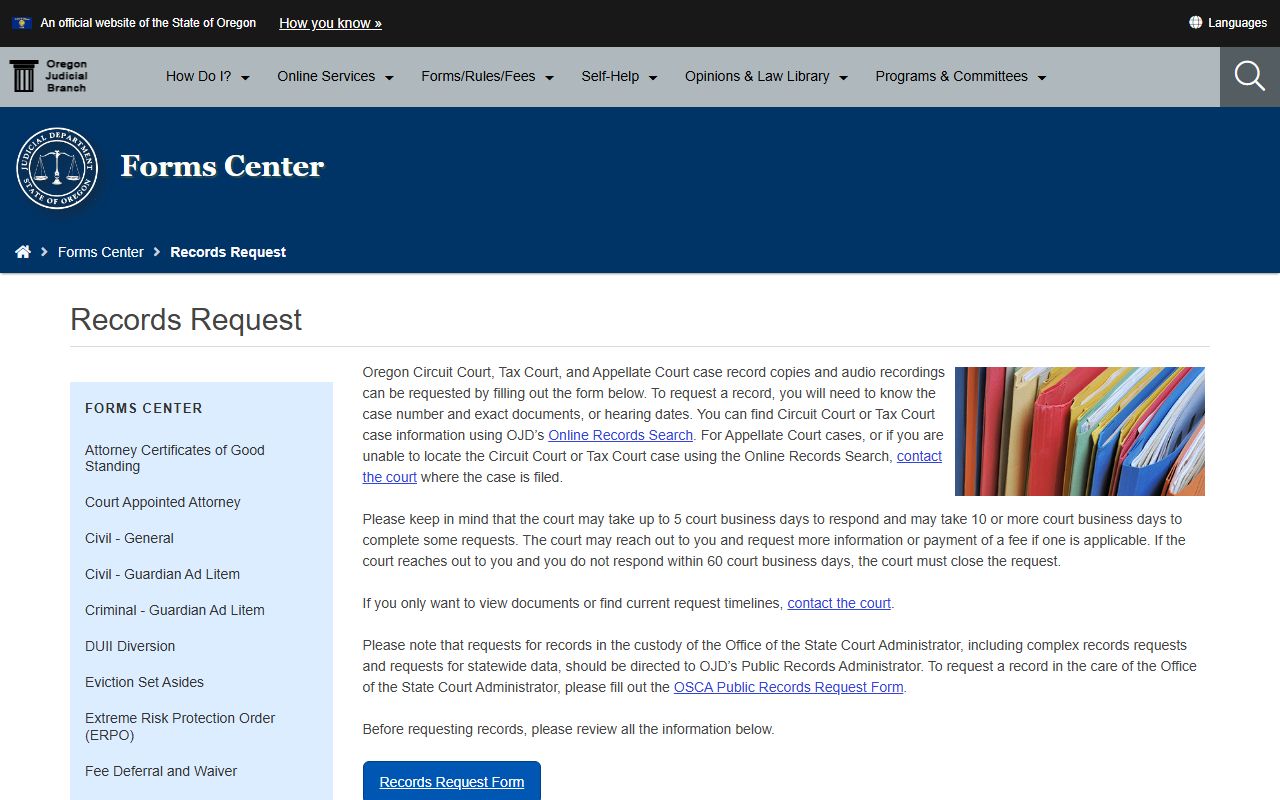 Oregon records request page for Marion County court records copies and audio